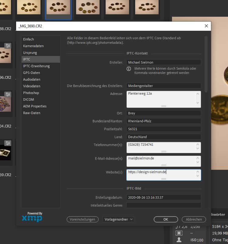 Darstellung der Eingabe von Meta-Daten zum IPTC-Standard in Adobe Bridge