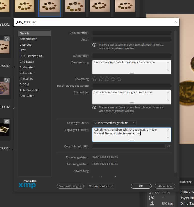 Darstellung der Eingabe von Standard-Meta-Daten in Adobe Bridge